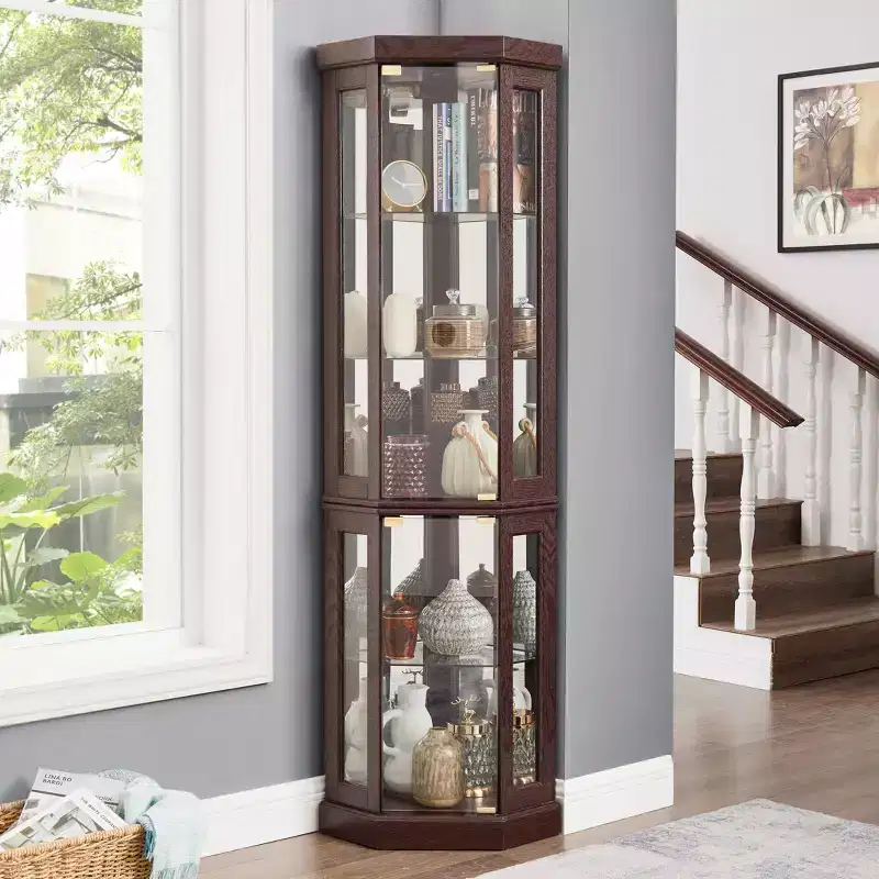 Okak Corner Curio Cabinet with 2 Glass Doors and Adjustable Tempered Glass Shelves, Corner Cabinet for Living Room, Kitchen