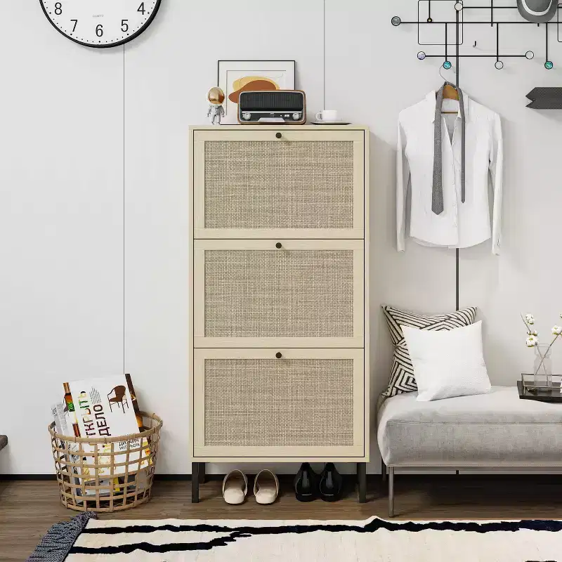 Vatros Rattan 3 Door Shoe Rack Freestanding Modern Shoe Storage Cabinet