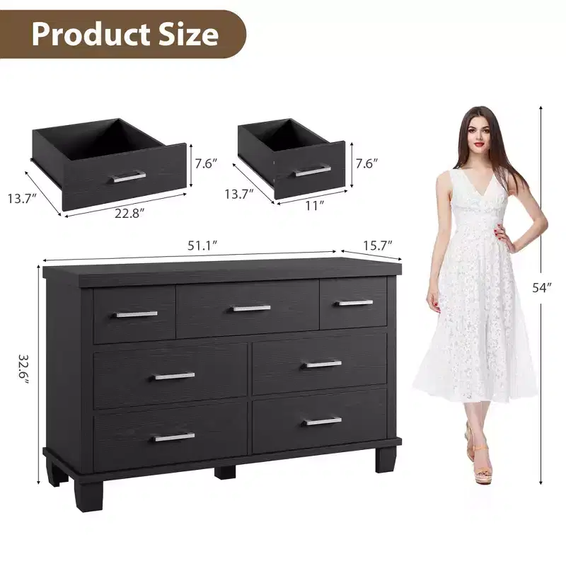 7-Drawer Dresser with Metal Handles – Black, Black Oak, Natural Oak & White