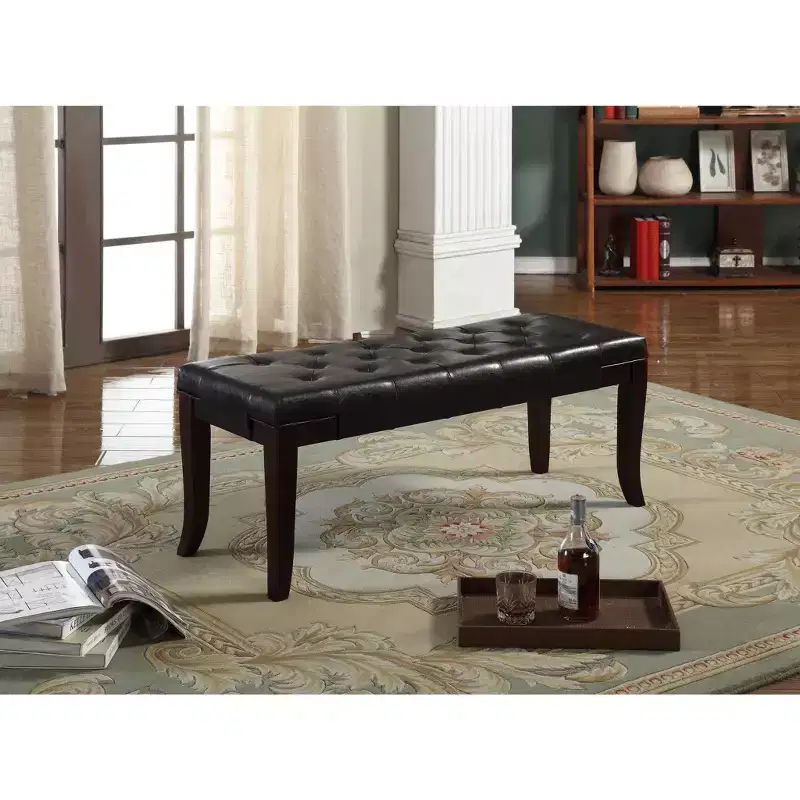 Tufted Faux Leather Ottoman Bench – Espresso Legs, Hardwood Frame, 44 in