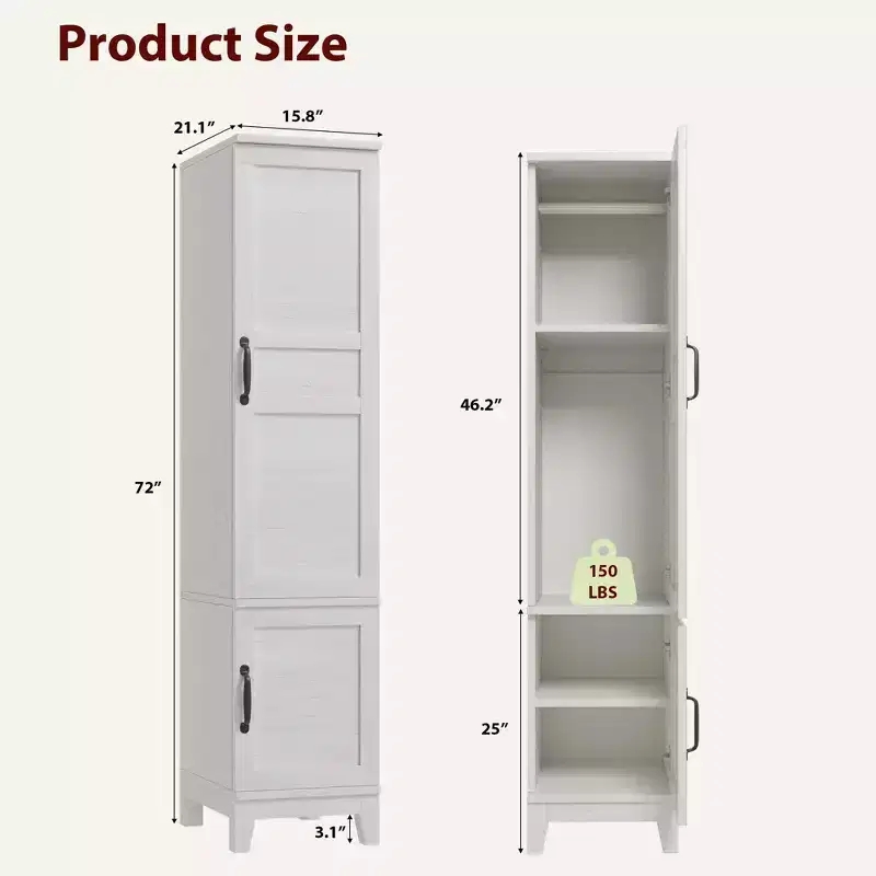 Armoire Wardrobe Closet with Doors, 72 Wooden Wardrobe Cabinet with Hanging Rod, Narrow Tall Clothing Armoire Cabinet with Adjustable Shelves