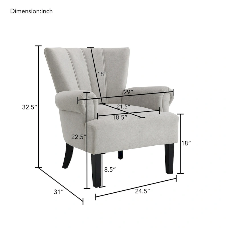 Grey Modern 29 Upholstered Arm Chair with High-Density Foam and Channel Back