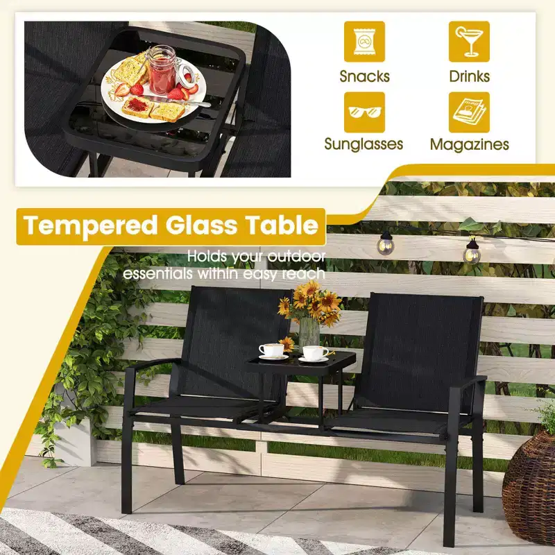 Costway Patio Loveseat with Built-in Table, Breathable Fabric Back and Seat, Metal Frame Black