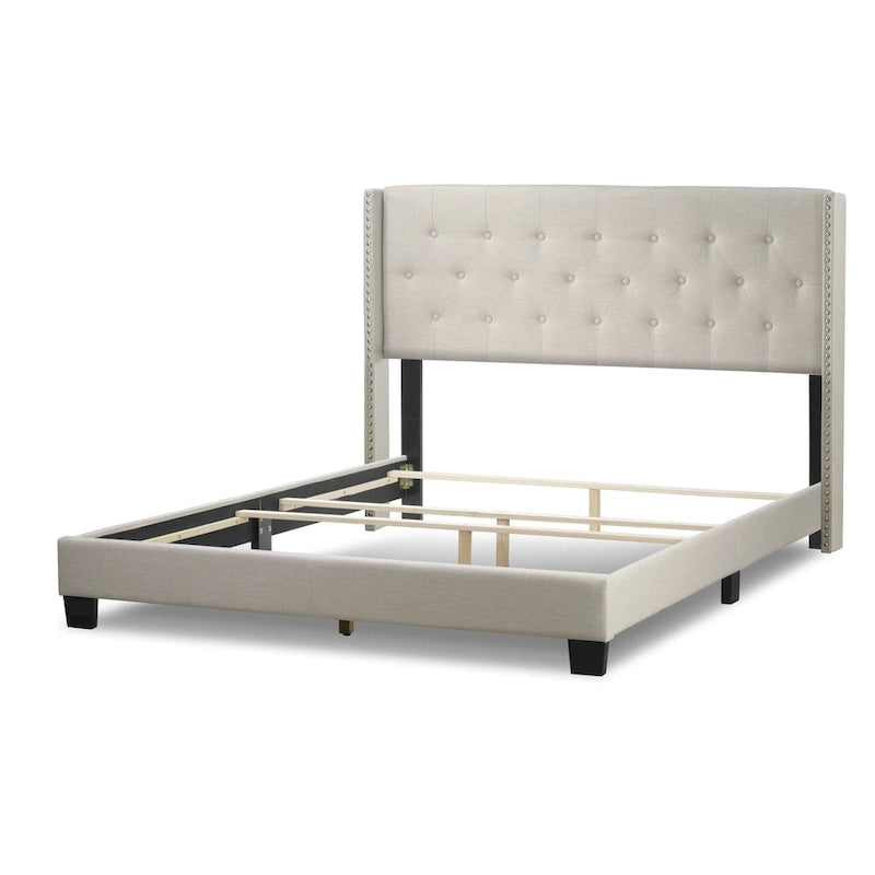 Beige Fabric Bed with Button Tufting and Nail Headed Wings