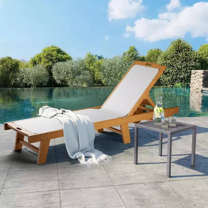 Adjustable Patio Chaise Lounge Chair with Wheels, Acacia Wood Outdoor Recliner with Teslin Mesh Cushion, 3-Position Adjustable Backrest, White