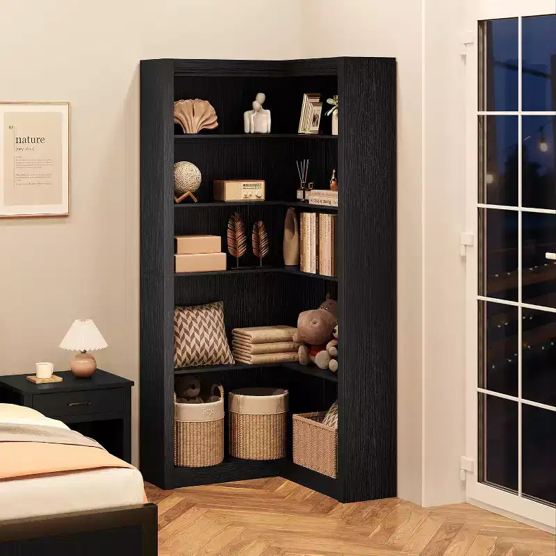 5-Tier L-Shaped Corner Bookshelf, Black / Brown / Natural / White, 71.8