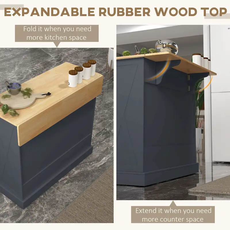 HOMCOM Rolling Kitchen Island with Drop Leaf Wood Breakfast Bar, Farmhouse Kitchen Cart with 2 Drawers, Dark Gray