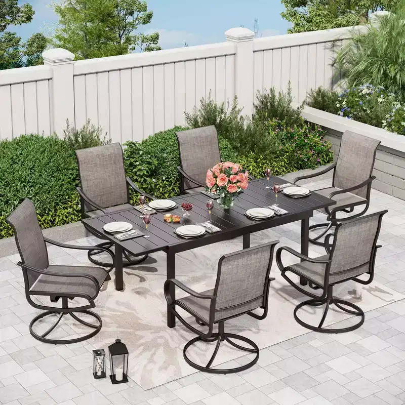 7pc Patio Dining Set with Steel Expandable Table & 360 Swivel Sling Arm Chairs - Captiva Designs: Outdoor Furniture Set