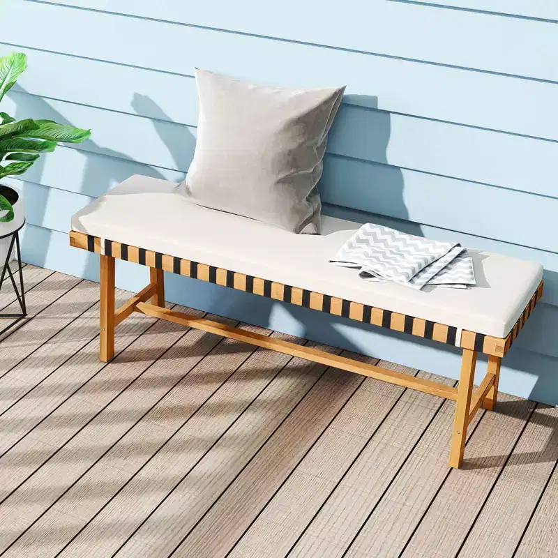 Costway 48 Long Acacia Wood Outdoor Bench with Thick Padded Seat Cushion Entryway Bench