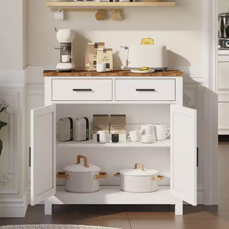 White Kitchen Storage Cabinet, Modern Farmhouse Buffet Cabinet with Storage, Coffee Bar with 2 Drawers and 2 Doors