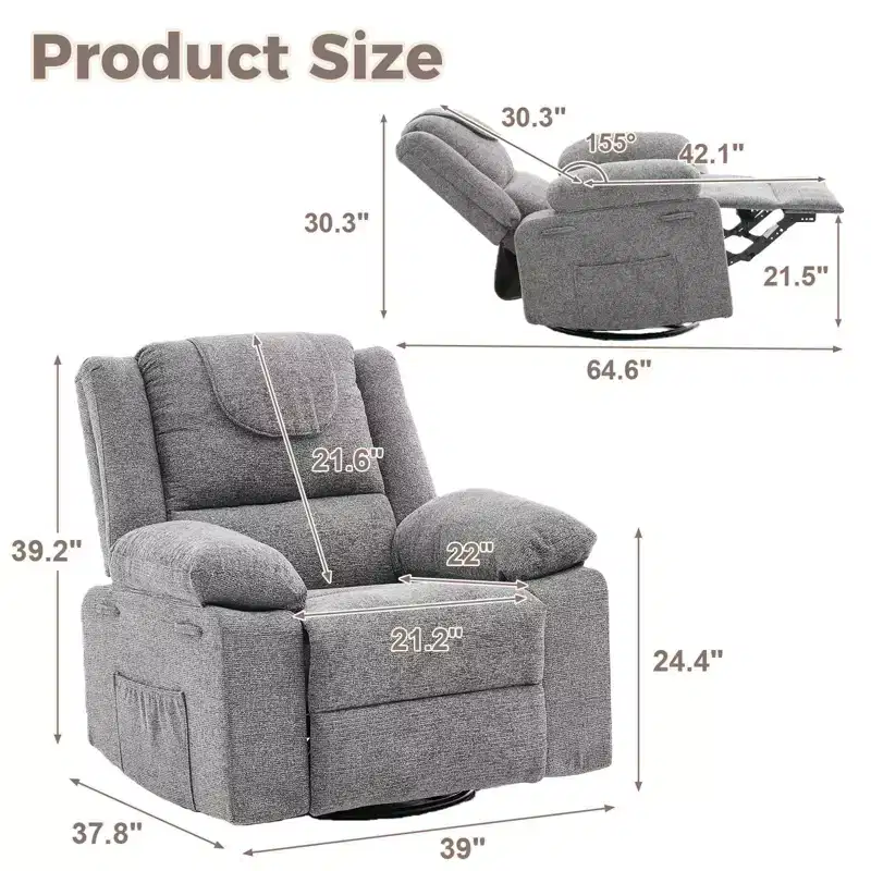 360 Swivel Rock Recliner Chairs Single Sofa,Oversized Recliner Chair for Adults with Vibration Massage and Lumbar Heating Sofa for Living Room