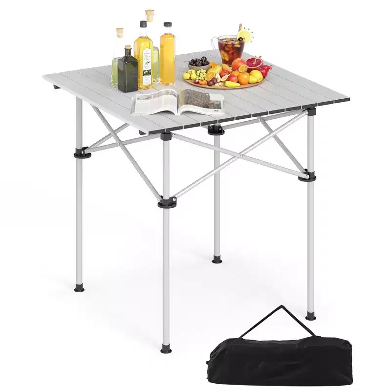 Folding Roll-Up Camping Table – Aluminum Top, Metal Legs, Carry Bag, 150 LB, Silver