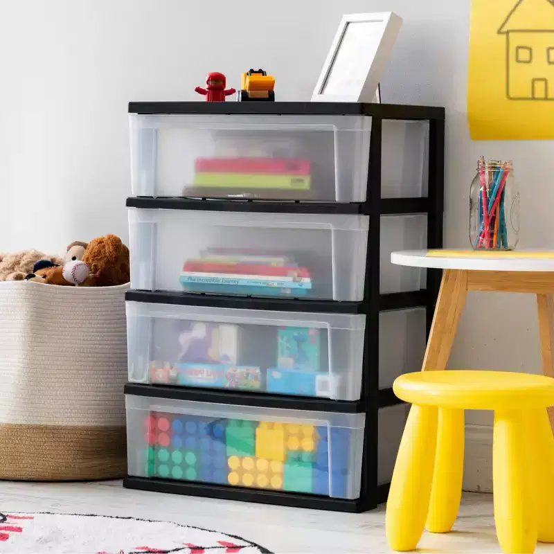 4-Drawer Wide Plastic Storage Chest - Black