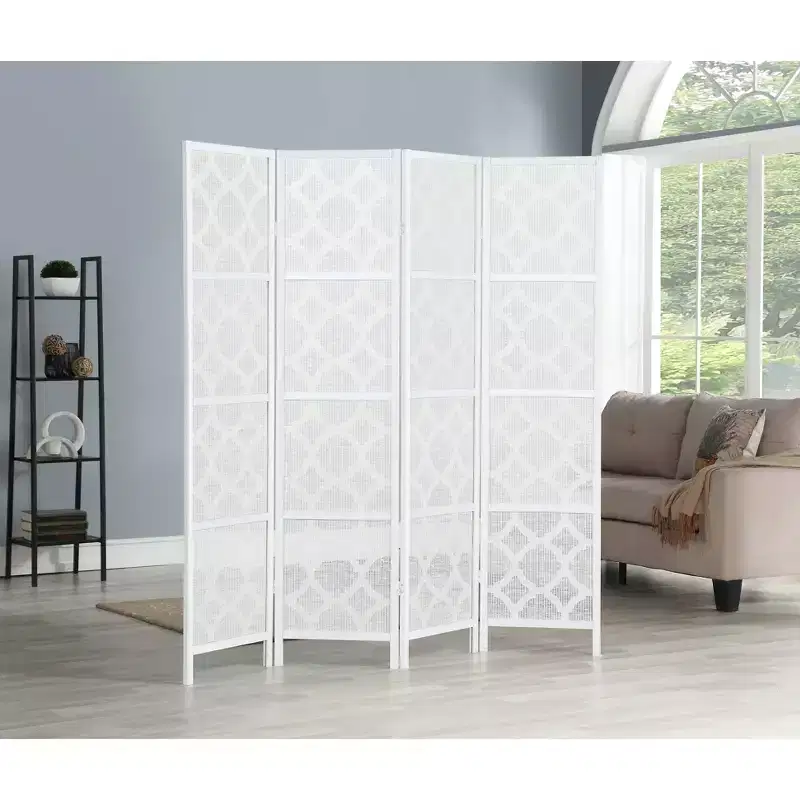 Roundhill Furniture Quarterfoil infused Diamond Design 4-Panel Room Divider, White
