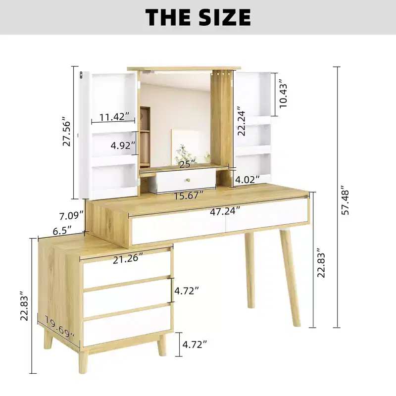 Makeup Vanity Desk with 3 Color Modes LED Lighted Mirror, 6 Drawers & Open Storage Shelves, Dressing Table with Drawers Hidden Space, for Bedrooms