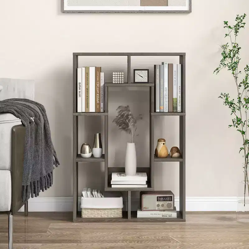 Costway 2 PCS 7-Cube Geometric Bookshelf with Anti-Toppling Device Modern Open Bookcase White/Grey/Natural