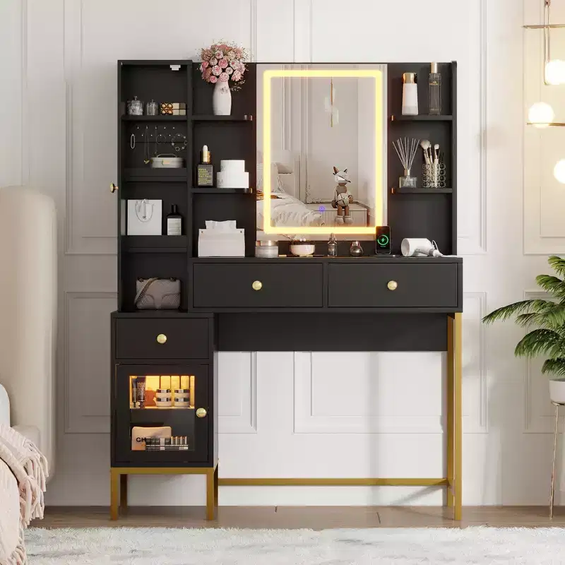 YESFASHION Makeup Vanity with Lights, Vanity Desk with Stool, Modern Dressing Table, 3 Drawers, Cabinet Open Shelves for Bedroom