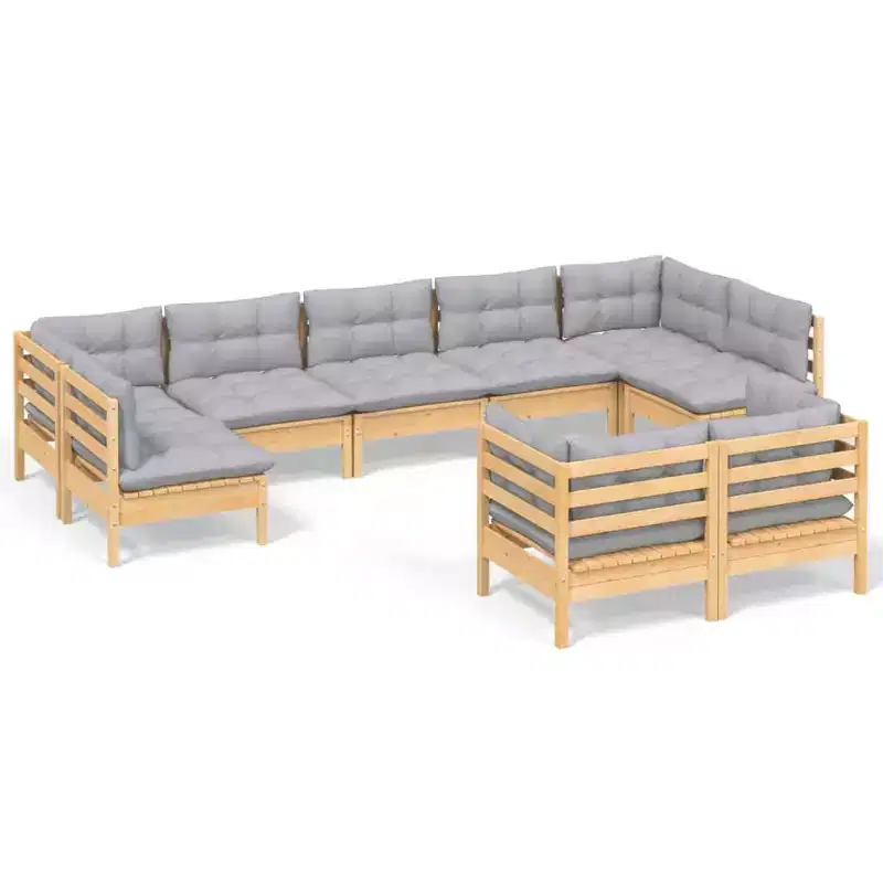 vidaXL Solid Pinewood Patio Lounge Set 9 Piece with Gray Cushions - Brown and Gray