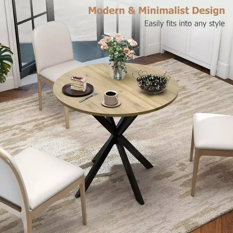Round Dining Table 31.5'', Small Dining Table for 2-4 with Metal Black Legs - Brown