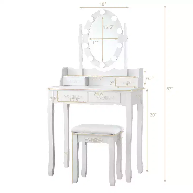 Costway Vanity Table Table 10 Dimmable Bulbs Black White Brown