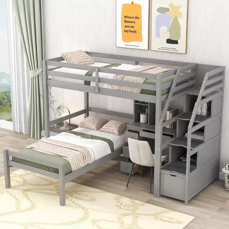 L Shaped Twin over Twin Bunk Bed with Storage Staircase, Desk, Shelves and Drawers, Wooden Loftbed with Stand-Alone Platform Bedframe
