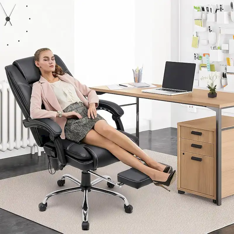 Ergonomic Heated Executive Office Chair, 2/4/6-Point Massage, Retractable Footrest, PU Leather