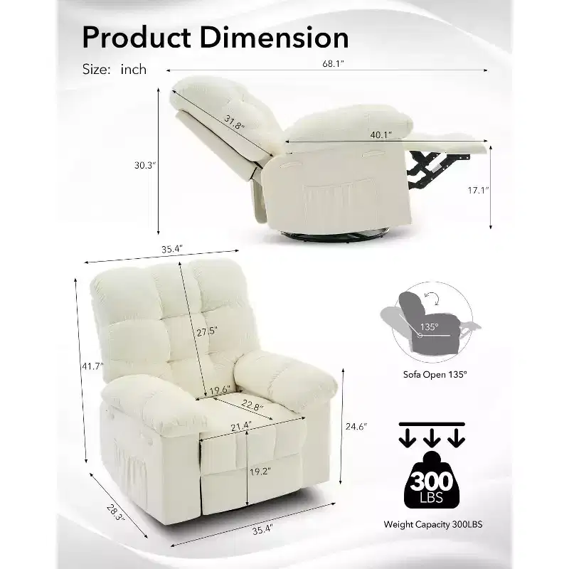 Rocking Recliner Chair, 360 Swivel Rocker Chair, Lazy Boy Recliner Single Sofa, Side Pockets, for Living Room, Small Spaces