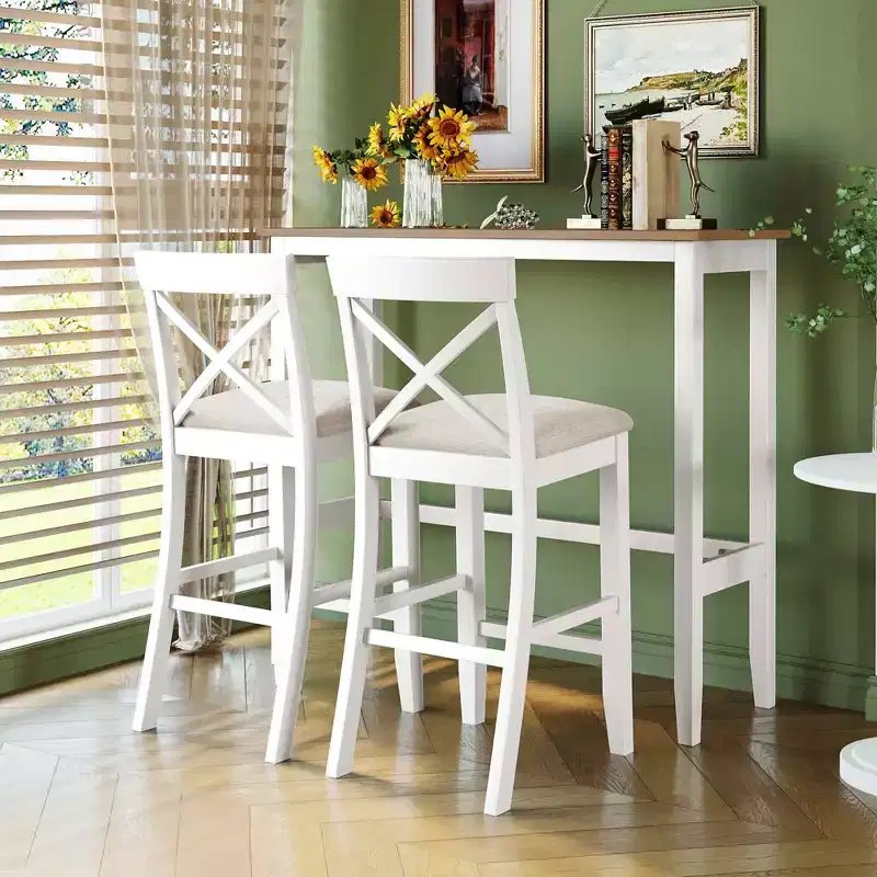 MAYEERTY 48 Farmhouse Wood Bar Height Dining Set, Rectangular Table with 2 Chairs for Small Places, Gray + Beige