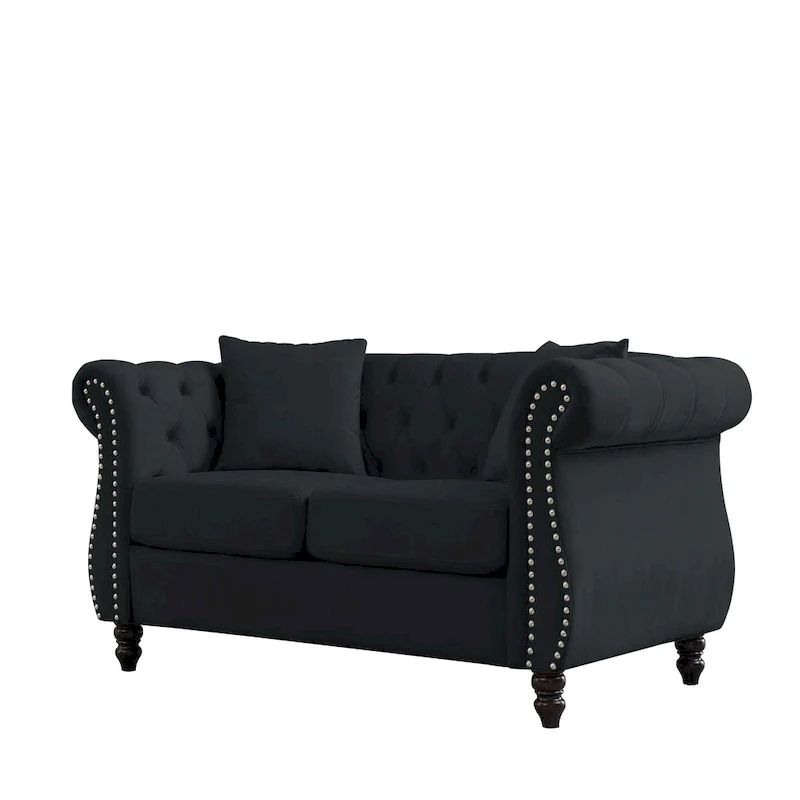 2-Seater Chesterfield Sofa with Rolled Arms and Nailhead Trim – Black Velvet