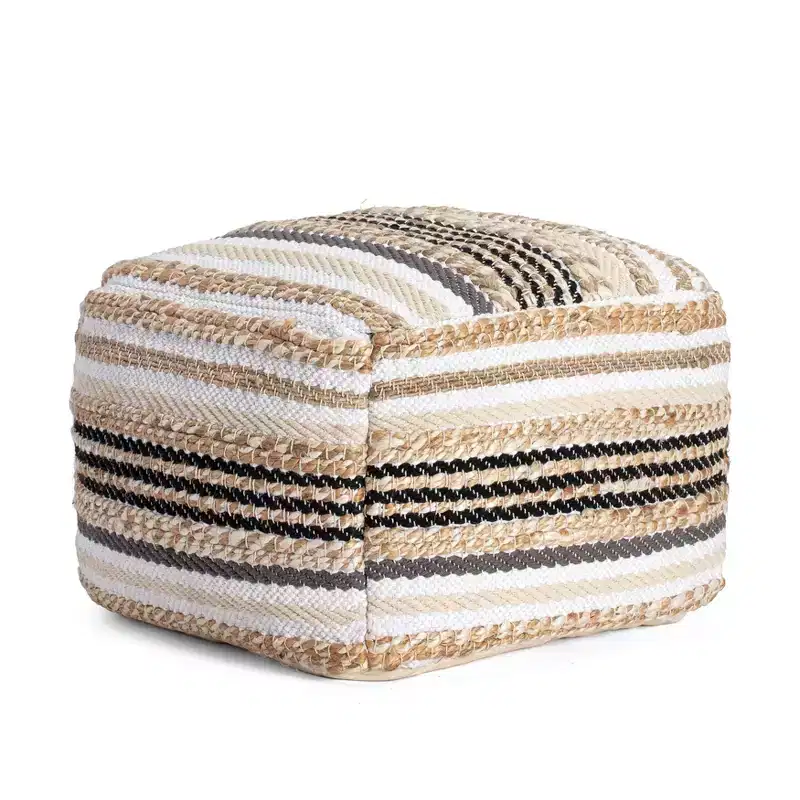 Arsenal Pouf Beige/Grayscale - Anji Mountain: Handmade Square Ottoman, Removable Cover, Polyester & Jute, Contemporary Style