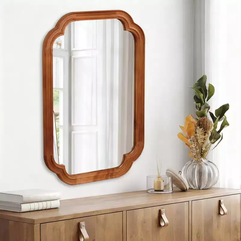 24 x 36 Solid Wood Frame Rounded Corner Decorative Mirror for Bedroom Bathroom Living Room Yellowish Brown