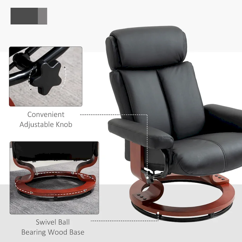 HOMCOM Recliner Chair with Ottoman, 360 Swivel Reclining Chair with Wood Base and Matching Footrest, Black