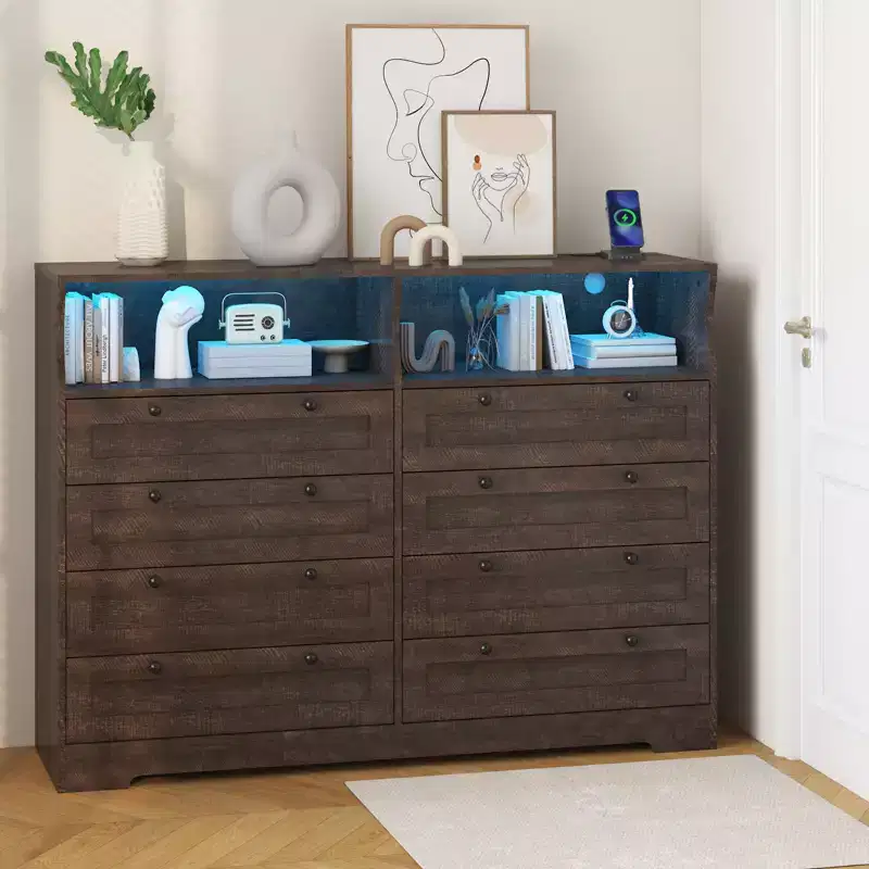 8-Drawer White Dresser with Charging Station & LED Lights, Wood Chest for Bedroom, Living Room, Hallway, Entryway
