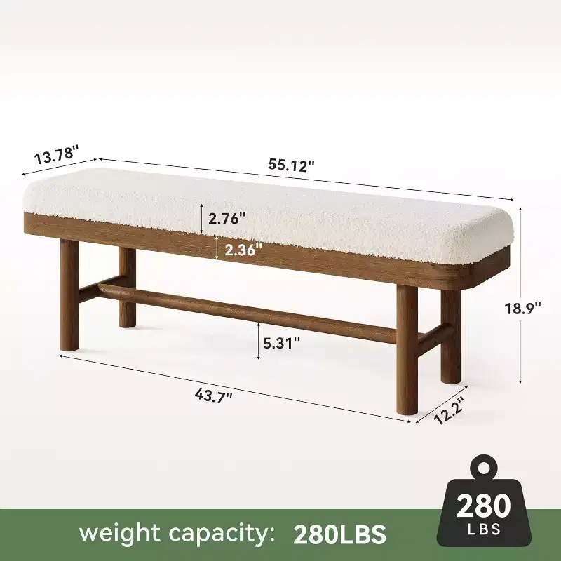 Lantine 55-Inch Solid Wood Entryway Bench, Rustic Upholstered Bench with Cushion for Dining Room, Mudroom, Porch, White & Brown, Easy Assembly