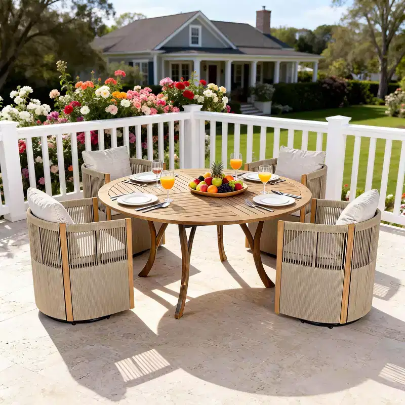 Christopher Knight Home Everett Patio Modern Acacia Wood 5-Piece Outdoor Dining Set with Round Table and 4 Rope Swivel Chairs