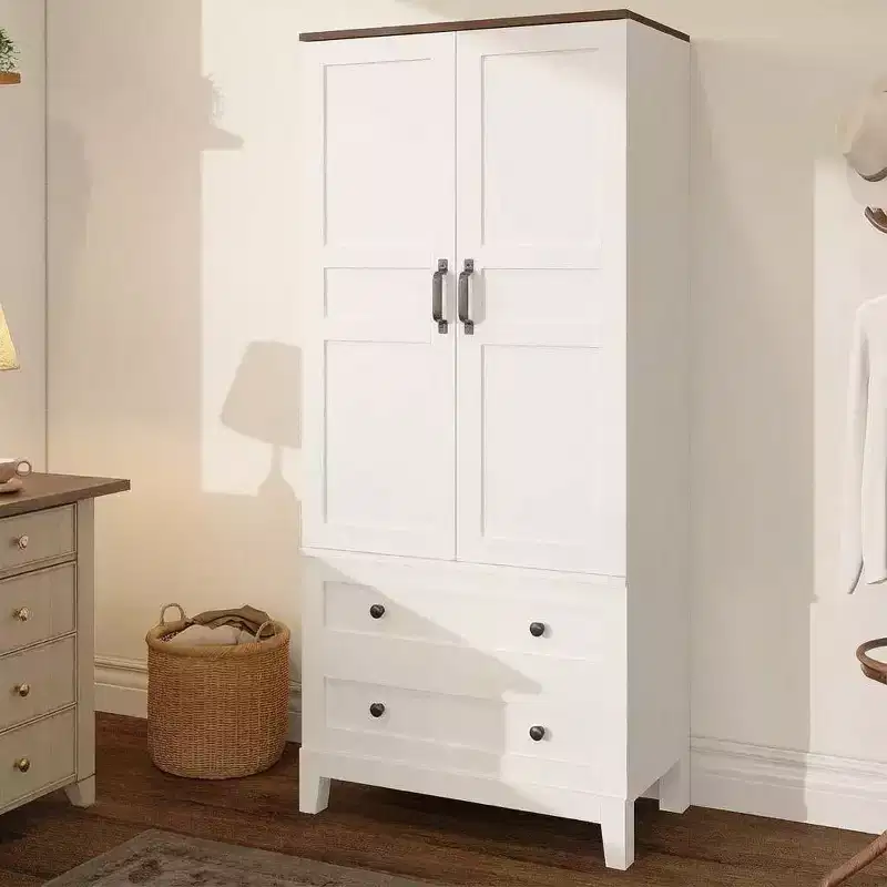 Floor Storage Cabinet with 2 Doors & 2 Drawers – Adjustable Shelves, Farmhouse Wood Pantry