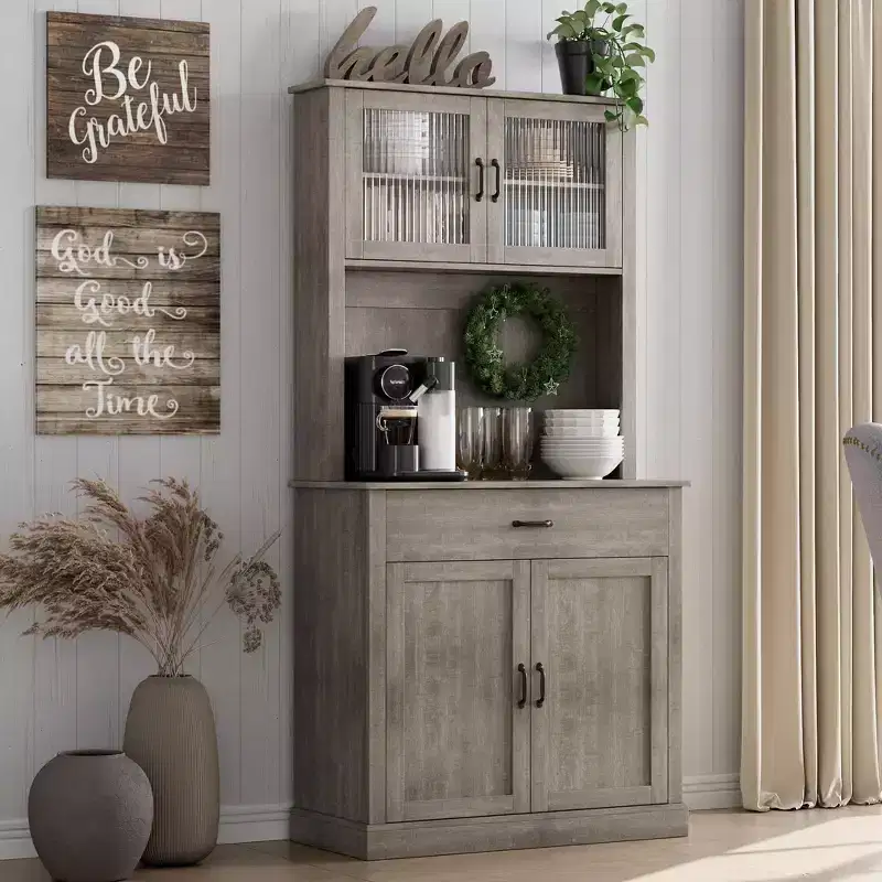 Kitchen Pantry Cabinet, 71 Tall Kitchen Hutch Storage Cabinet with Microwave Stand