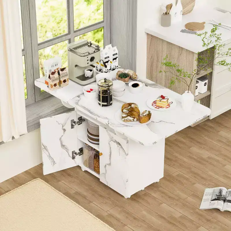 MAYEERTY Folding Kitchen Island Dining Table, Marble Texture Table with Storage Cabinet & Wheels, Multi-Purpose Space-Saving Table