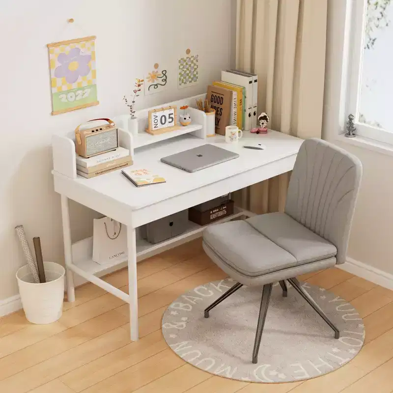 VECELO Upholstered Office Desk Chair Cross Legged Chair with Wide Padded Seat, Modern Computer Task Chair Gray/Beige