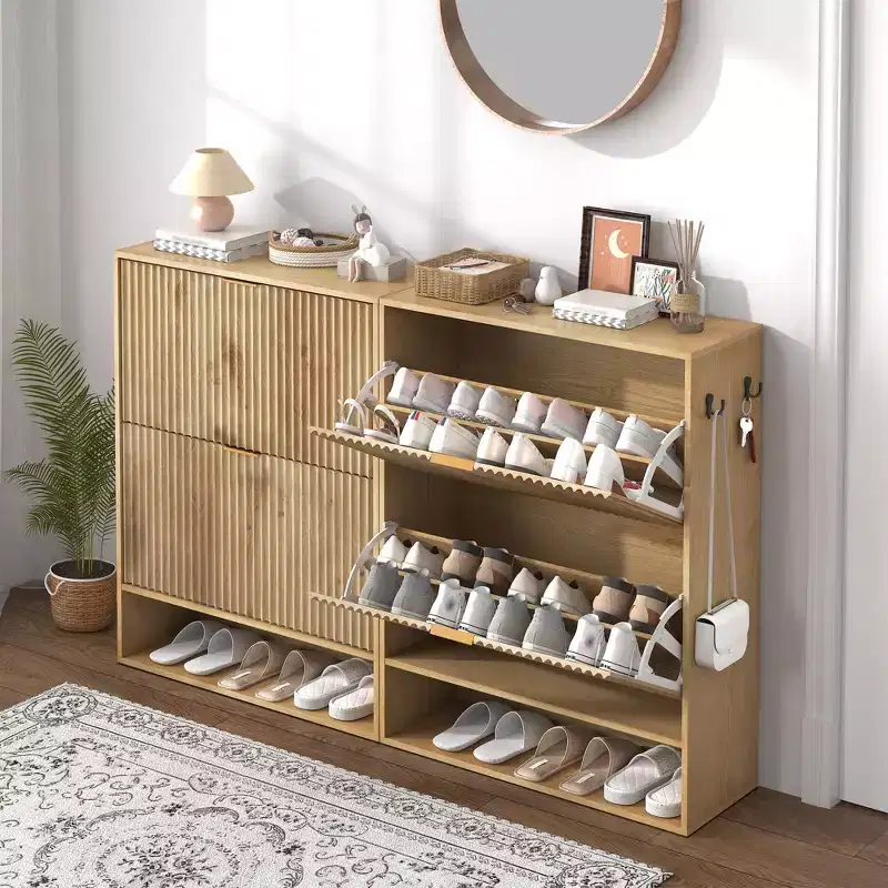 Fluted Shoe Cabinet Storage for Entryway with 2 Flip Drawers & Bottom Open Shelf, Narrow Shoe Rack Cabinet with Side Hooks