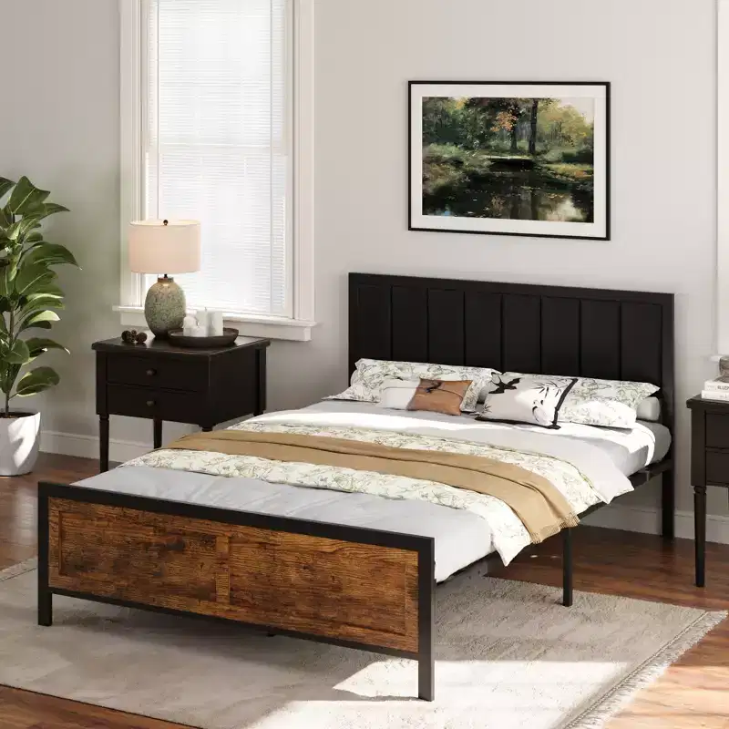 vintage bed frame, headboard leather soft cover + high-density sponge, no box spring design, easy to install