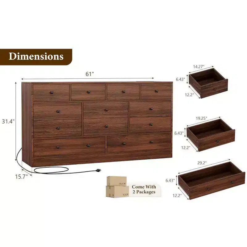 12 Drawer Dresser for Bedroom, 61 Inch Wood Dresser with Power Outlet, Wide Chest of Drawers