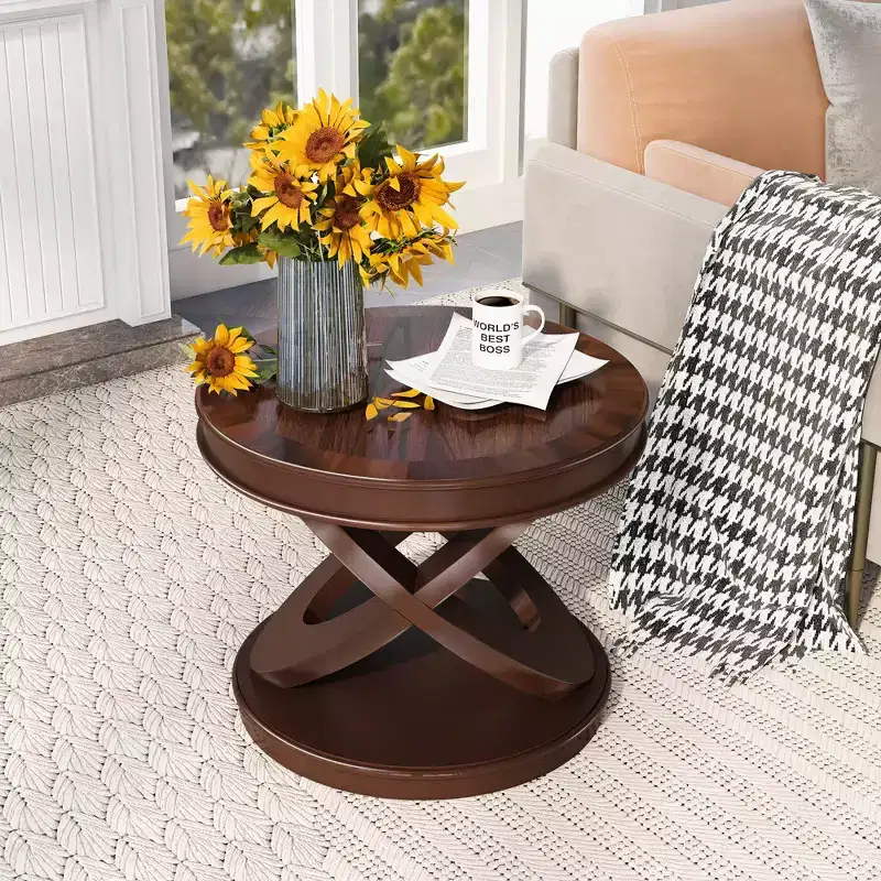 20 Retro Round Wooden End Table - X-Shape Base, Solid Wood Veneer, Walnut
