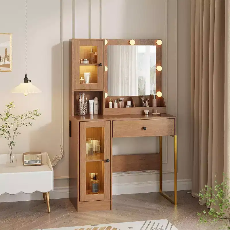 Vanity Desk with Mirror, Makeup Dressing Table with Metal Leg, Storage Drawers & Cabinets for Bedroom Makeup Room, Cloakroom