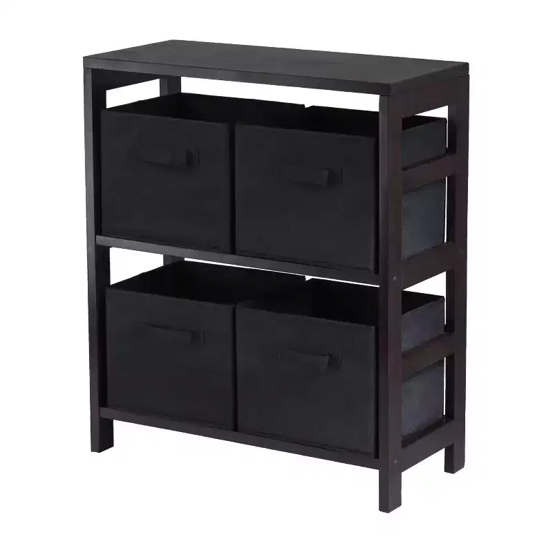 4pc Capri Set Storage Shelf with Folding Fabric Baskets Espresso Brown/Black - Winsome: Mid-Century Modern, Wood Composite