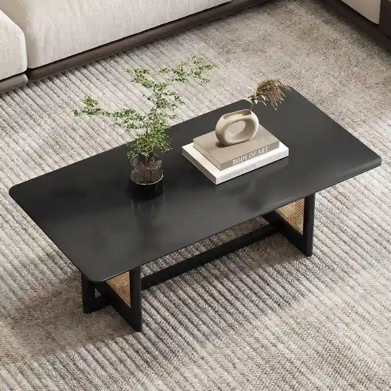 Chinese style white solid wood and imitation rattan coffee table