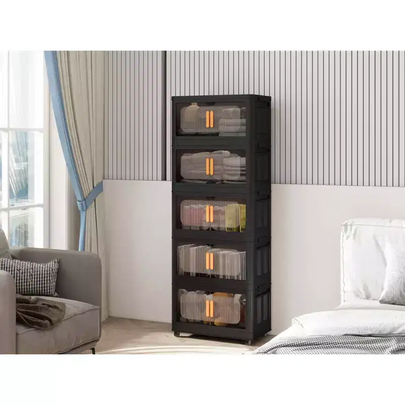 MAYEERTY 24 Side Wide 4 Tiers Plastic Folding Storage Cabinet with Magnetic Door Wheels for Living Room Black