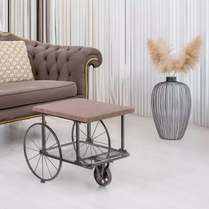 Vintiquewise Industrial Wagon Style Coffee Table with Rustic Wood Top Large Spoke Rolling Wheels Mesh Shelf Functional End Table and Magazine Holder