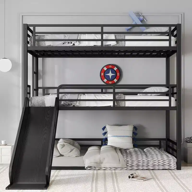Twin XL over Twin XL over Twin XL Bunk Bed with Slide Metal Triple Bunk Bed with Safety Guardrails Heavy-duty Bunk Bed with Noise-reduced Design Black
