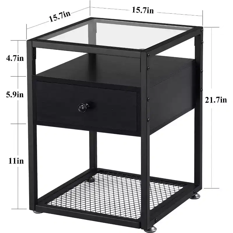 VECELO 1/2 PCs 3-tier Nightstand Glass Top Side End Table with Drawer & Open Shelf Brown/Black